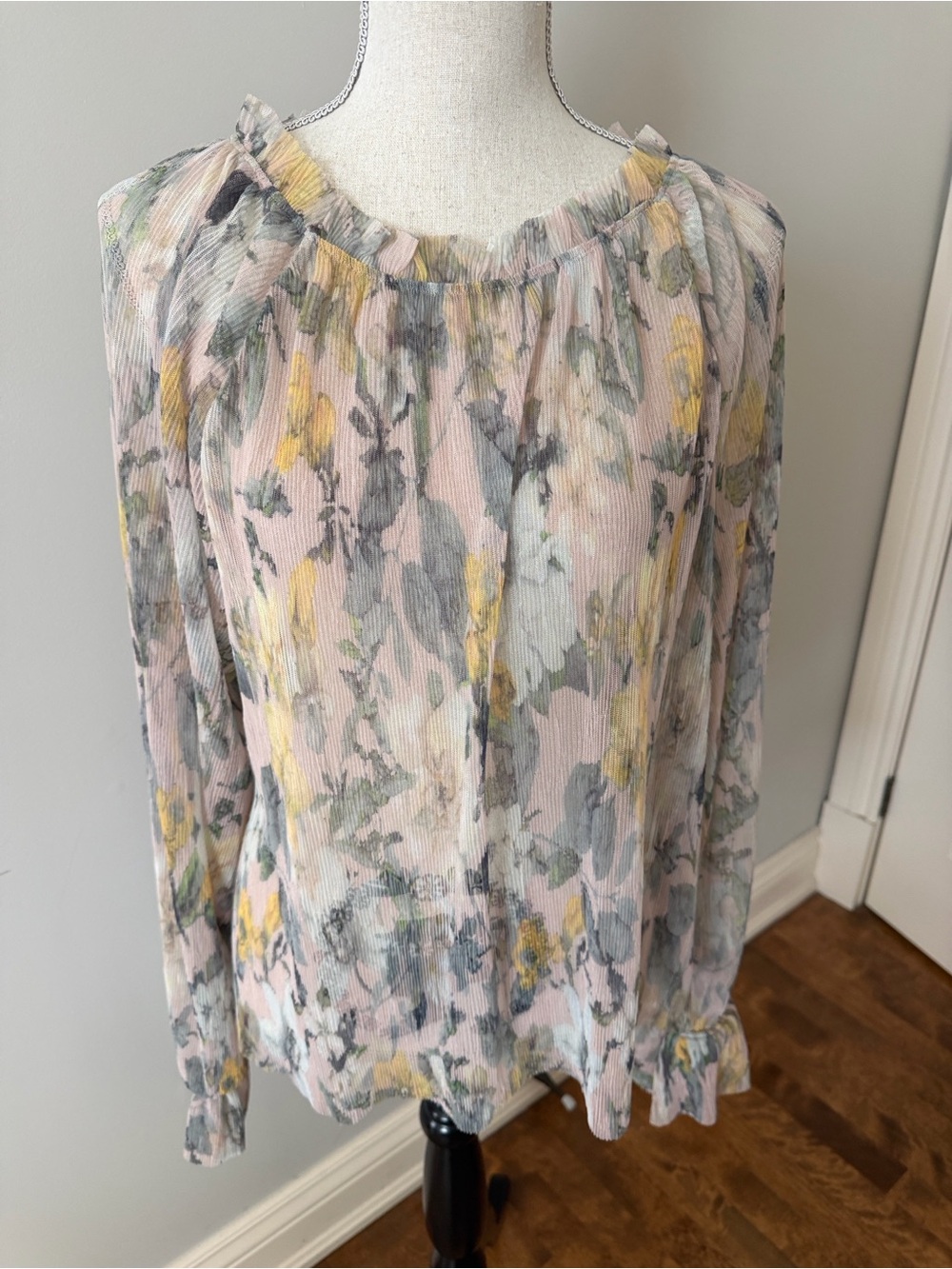 Anthropologie Pastel Floral Ruffle-Neck Blouse - Pink, Yellow, Gray